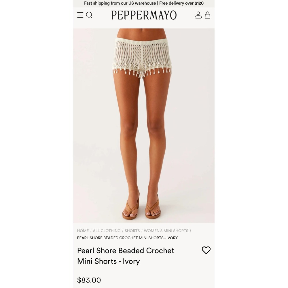 Peppermayo Pearl Shore Beaded Crochet Mini Shorts Ivory XS/S New